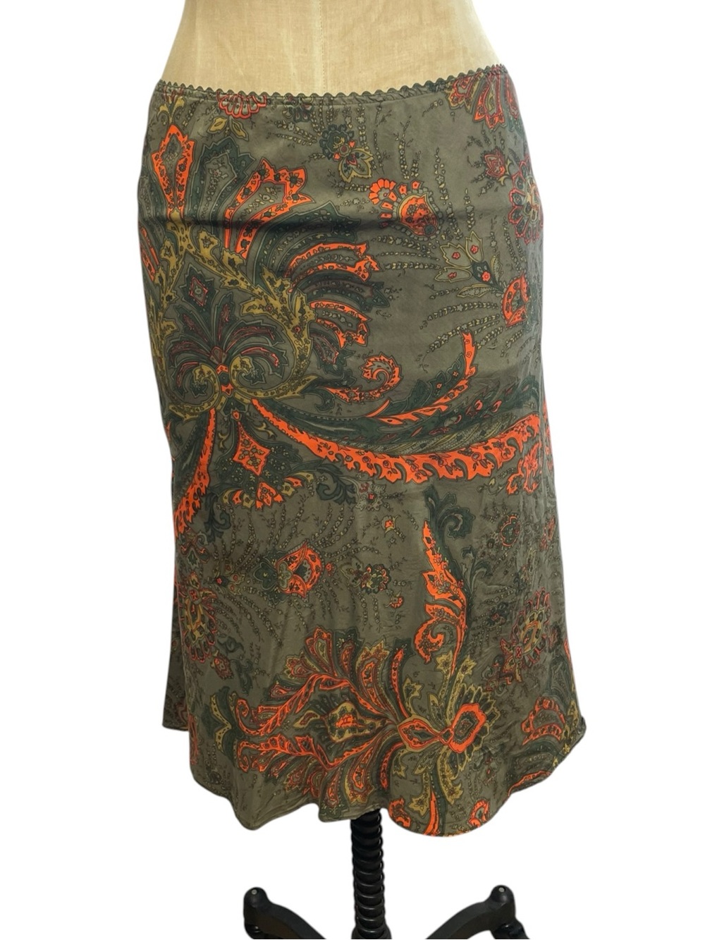 NY&Co. 100% Silk Midi Skirt Paisley 90s Olive Boho Earthtone Witchy LG Grunge